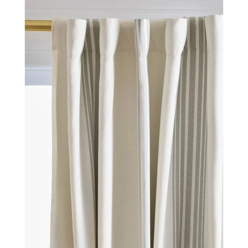 Quince Coastal Stripe Curtain Panel 48x96 Ivory Cotton Linen Room Darkening